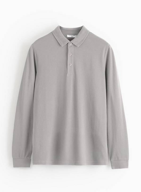 Grey Long Sleeve Pique Polo Shirt L